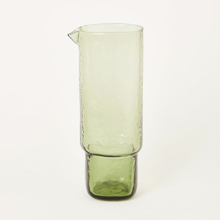 Handmade glass carafe hammered texture olive green