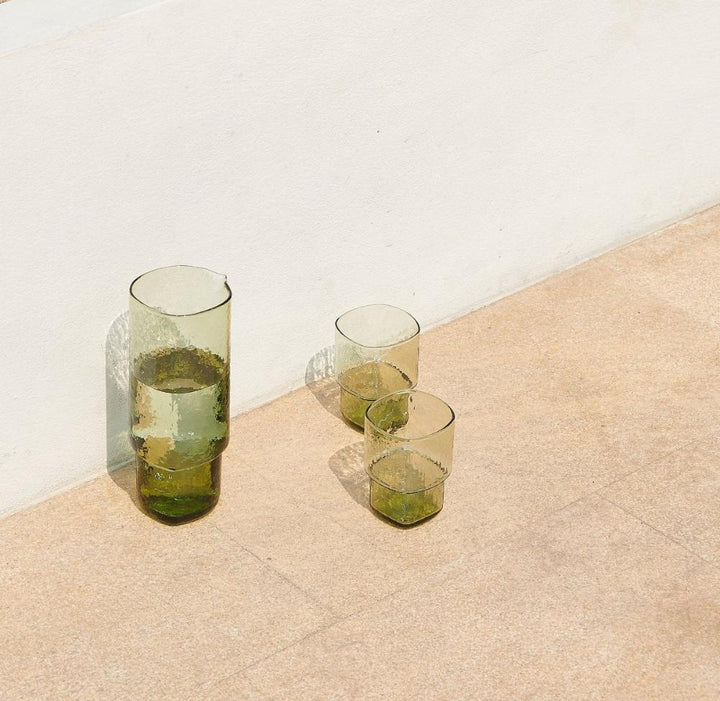 Olive green handmade glass carafe and drinking glasses set