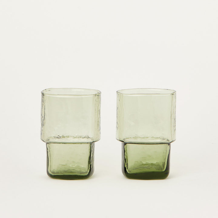 Set of 2 handmade slim coloured drinking glasses olive green