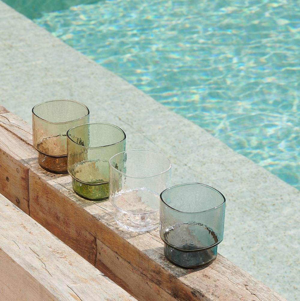 Coloured handmade drinking glasses in brown green smoke-grey