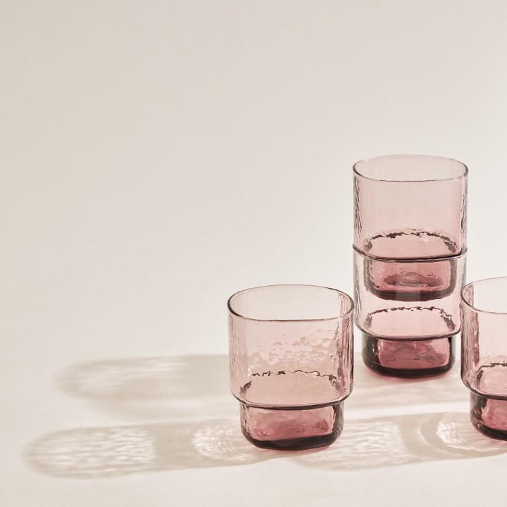 Stackable square pink drinking glasses