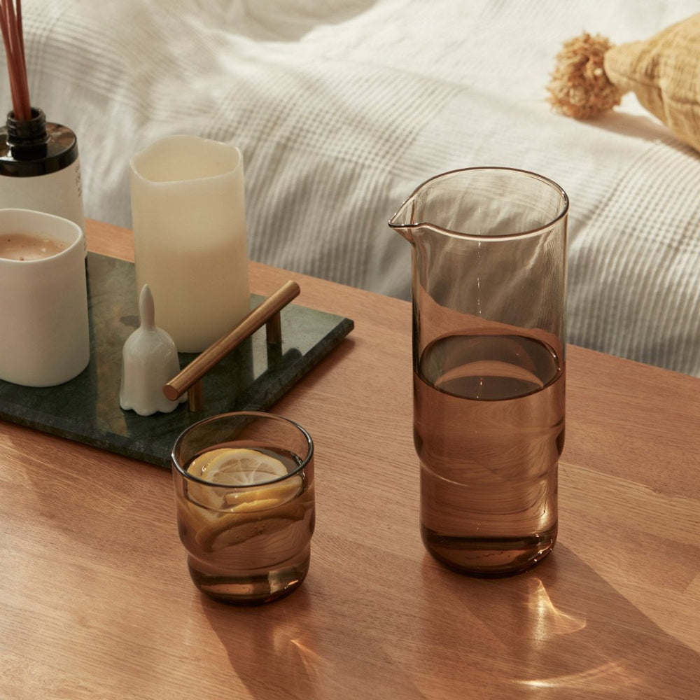 Handmade minimalistic brown glass carafe and matching drinking glasses