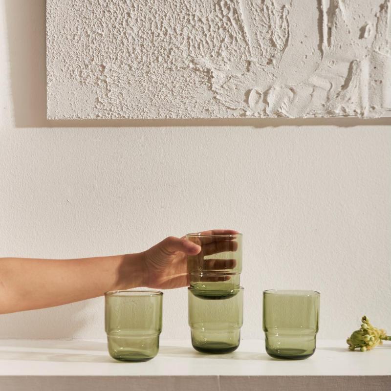 4 stackable minimalistic olive green water glasses