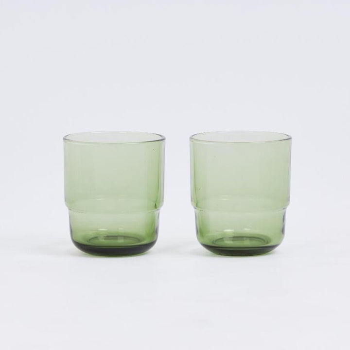 2 cylindrical minimalistic drinking glasses olive green