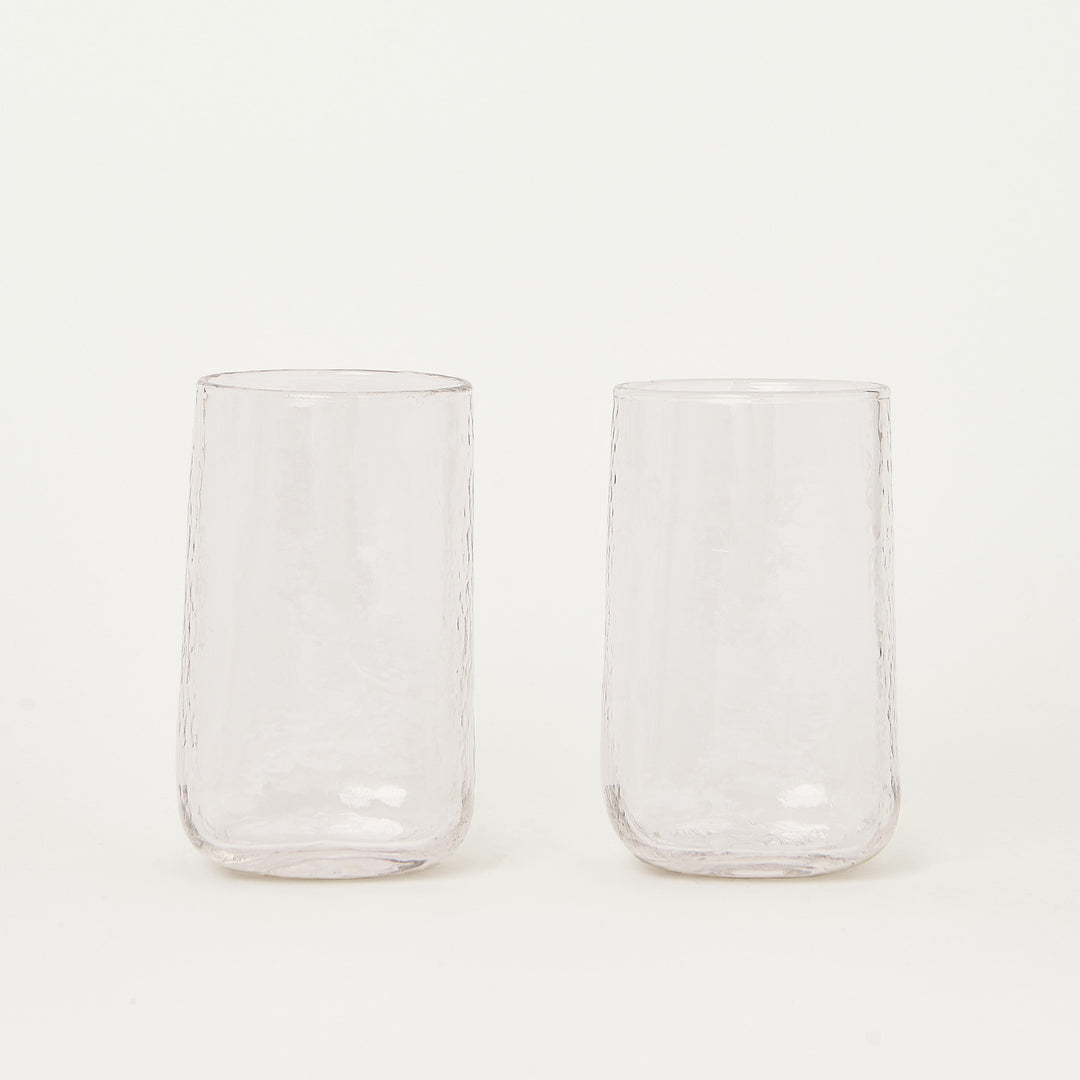 Set of 2 tall clear Highball glasses with hammered effect