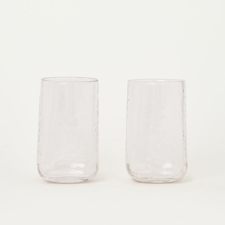 Set of 2 tall clear Highball glasses with hammered effect