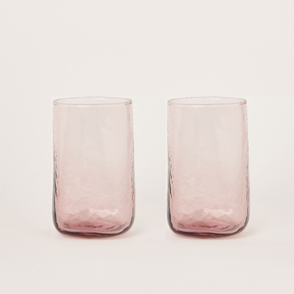 Set of 2 tall pink drinking glasses with round mouth square bottom